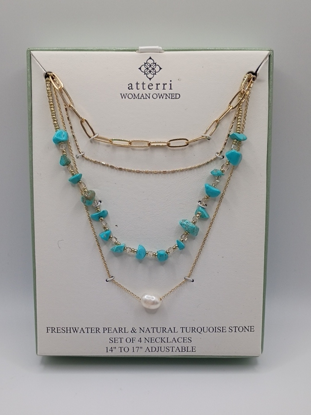 atterri-Freshwater Pearl & Natural Turquoise Stone Gold Tone Set 4 Necklaces Set